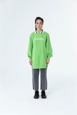 Kadın Paris Yazılı Polo Yaka Sweat Tunik Yeşil