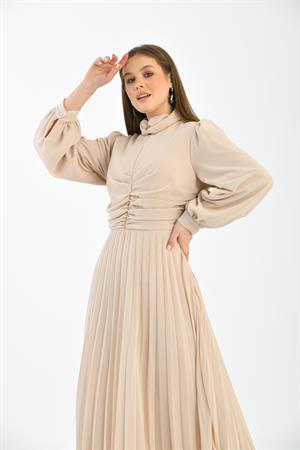 Kadın Piliseli Elbise Beige