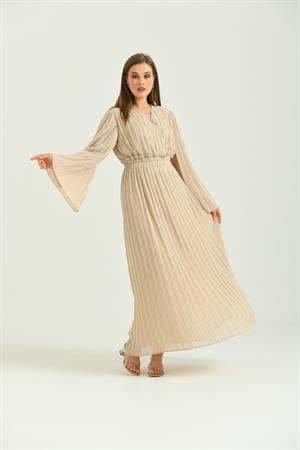 Kadın Piliseli Elbise Beige