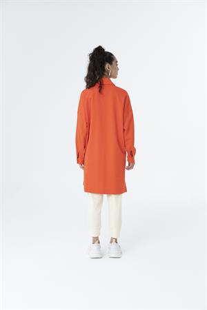 Kadın Polo Yaka Full Düğmeli Sweat Tunik Açık Kırmızı