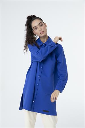 Kadın Polo Yaka Full Düğmeli Sweat Tunik Saks Mavi