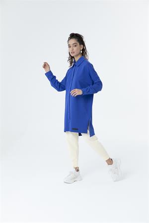 Kadın Polo Yaka Full Düğmeli Sweat Tunik Saks Mavi