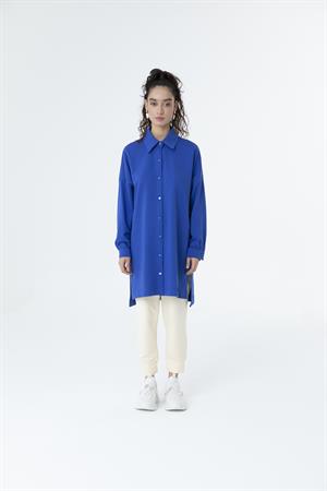 Kadın Polo Yaka Full Düğmeli Sweat Tunik Saks Mavi