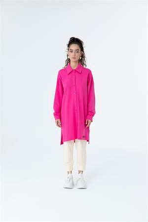 Kadın Polo Yaka Full Düğmeli Sweat Tunik Fuşya