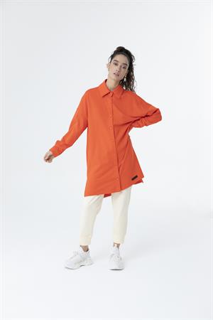 Kadın Polo Yaka Full Düğmeli Sweat Tunik Açık Kırmızı