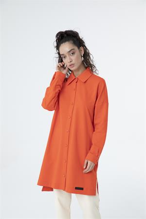 Kadın Polo Yaka Full Düğmeli Sweat Tunik Açık Kırmızı