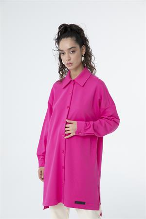 Kadın Polo Yaka Full Düğmeli Sweat Tunik Fuşya