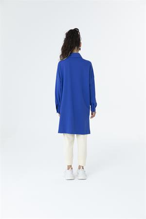 Kadın Polo Yaka Full Düğmeli Sweat Tunik Saks Mavi
