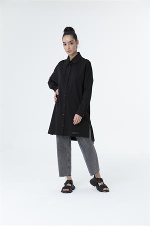 Kadın Polo Yaka Full Düğmeli Sweat Tunik Siyah