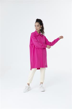 Kadın Polo Yaka Full Düğmeli Sweat Tunik Fuşya