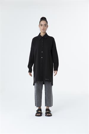 Kadın Polo Yaka Full Düğmeli Sweat Tunik Siyah