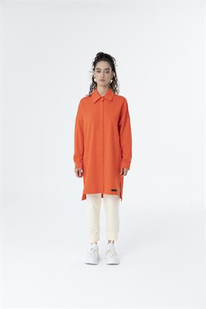 Kadın Polo Yaka Full Düğmeli Sweat Tunik Açık Kırmızı