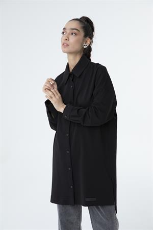 Kadın Polo Yaka Full Düğmeli Sweat Tunik Siyah