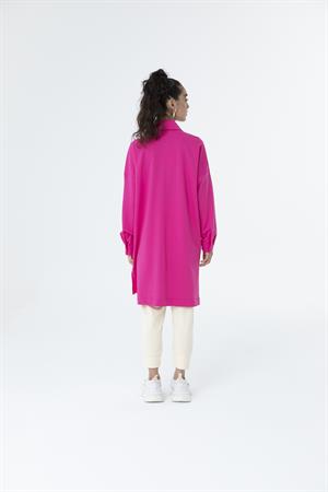 Kadın Polo Yaka Full Düğmeli Sweat Tunik Fuşya