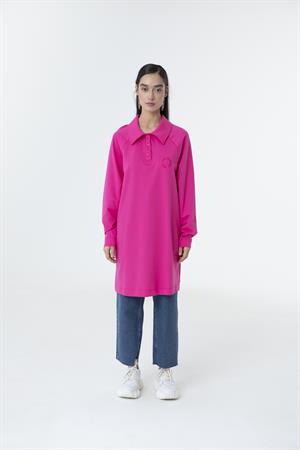 Kadın Polo Yaka Yarım Düğme Sweat Tunik Fuşya