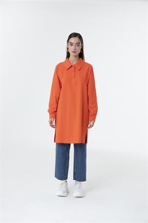 Kadın Polo Yaka Yarım Düğme Sweat Tunik Açık Kırmızı
