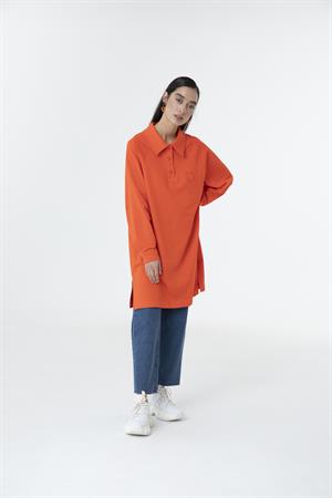 Kadın Polo Yaka Yarım Düğme Sweat Tunik Açık Kırmızı