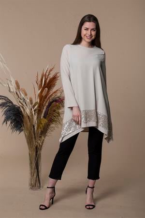 Kadın Pul Payet İşlemeli Tunik Beige
