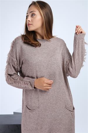 Kadın Püskül Detaylı Önleri Cepli Tunik Beige