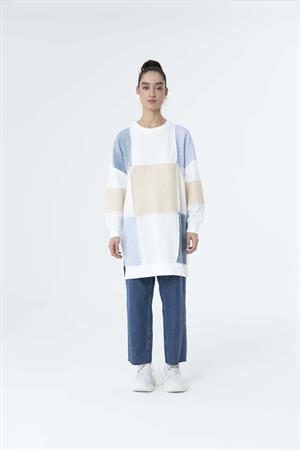 Kadın Renk Detay Yırtmaçlı Sweat Tunik Mavi-Beige