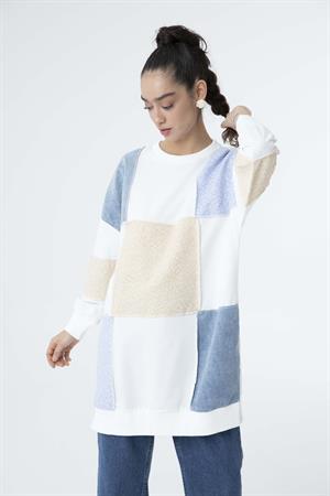 Kadın Renk Detay Yırtmaçlı Sweat Tunik Mavi-Beige