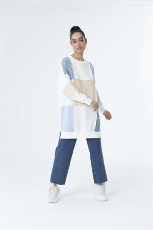 Kadın Renk Detay Yırtmaçlı Sweat Tunik Mavi-Beige