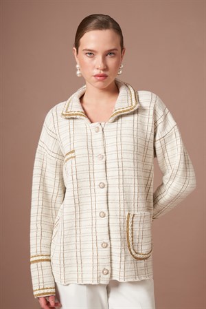 Kadın Şerit Detay Sakal Hırka Ekru Gold