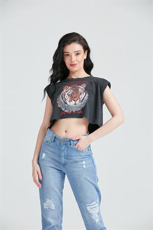 Kadın Sıfır Kol Vatkalı T-Shirt Siyah