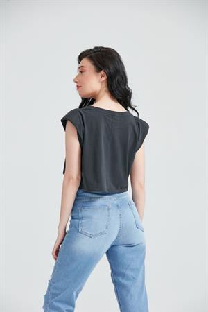 Kadın Sıfır Kol Vatkalı T-Shirt Siyah