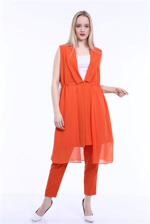 Kadın Şifon Detay Kemerli Yelek Orange