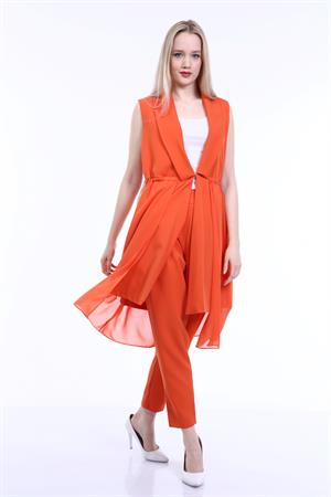 Kadın Şifon Detay Kemerli Yelek Orange