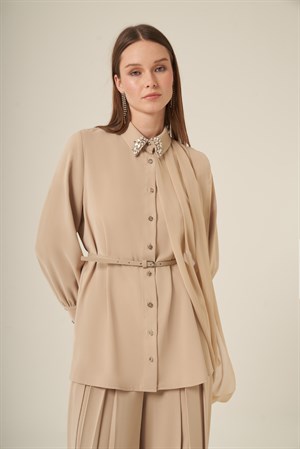 Kadın Şifon Detay Pantolonlu Takım Beige