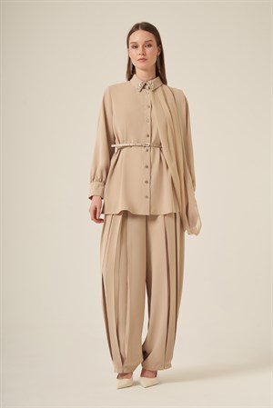 Kadın Şifon Detay Pantolonlu Takım Beige