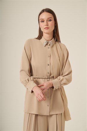 Kadın Şifon Detay Pantolonlu Takım Beige