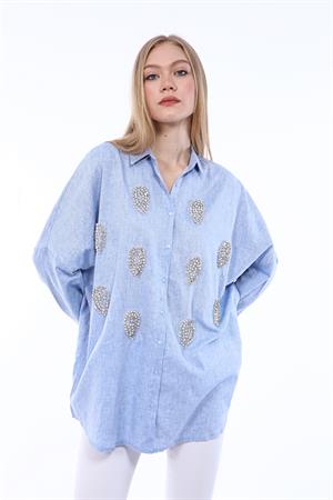 Kadın Taş İşlemeli Oversize Gömlek Mavi