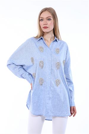 Kadın Taş İşlemeli Oversize Gömlek Mavi