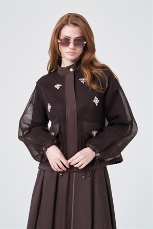 Kadın Üst File Alt Tafta Etekli Takım Kahve