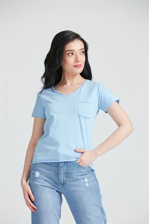 Kadın V Yaka Cepli Basic T-Shirt Mavi