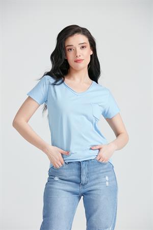 Kadın V Yaka Cepli Basic T-Shirt Mavi
