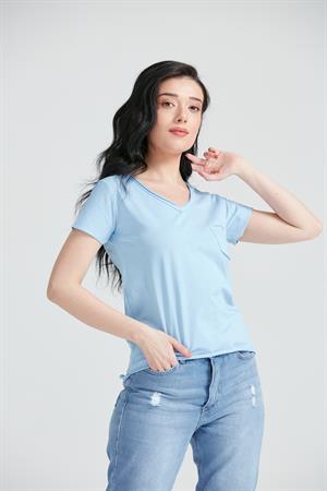 Kadın V Yaka Cepli Basic T-Shirt Mavi