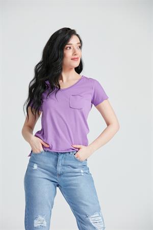 Kadın V Yaka Cepli Basic T-Shirt Mor