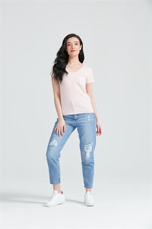 Kadın V Yaka Cepli Basic T-Shirt Pembe