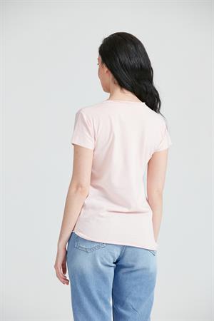 Kadın V Yaka Cepli Basic T-Shirt Pembe