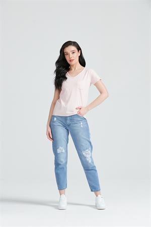 Kadın V Yaka Cepli Basic T-Shirt Pembe