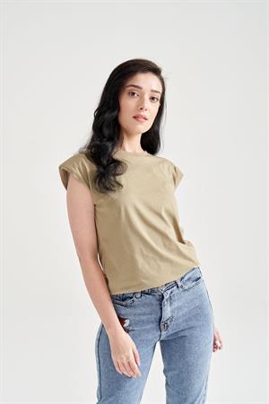 Kadın Vatkalı Basic T-Shirt Haki