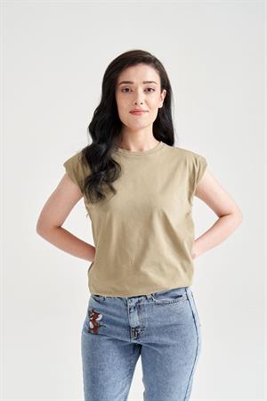 Kadın Vatkalı Basic T-Shirt Haki