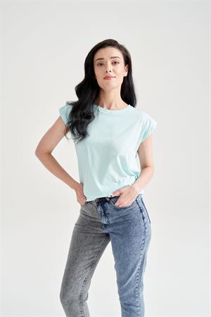Kadın Vatkalı Basic T-Shirt Mavi