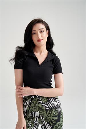 Kadın Yaka Detay Crop Siyah