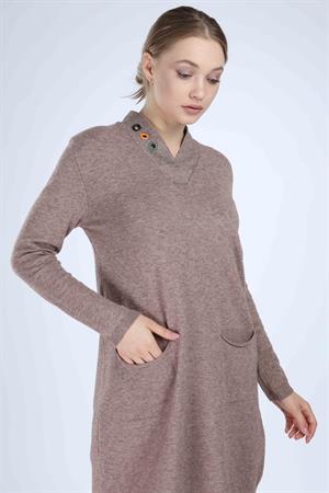 Kadın Yaka Detaylı Uzun Tunik Beige