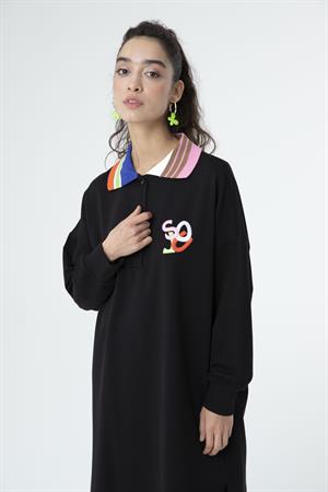 Kadın Yaka Renk Geçişli Uzun Sweat Tunik Siyah